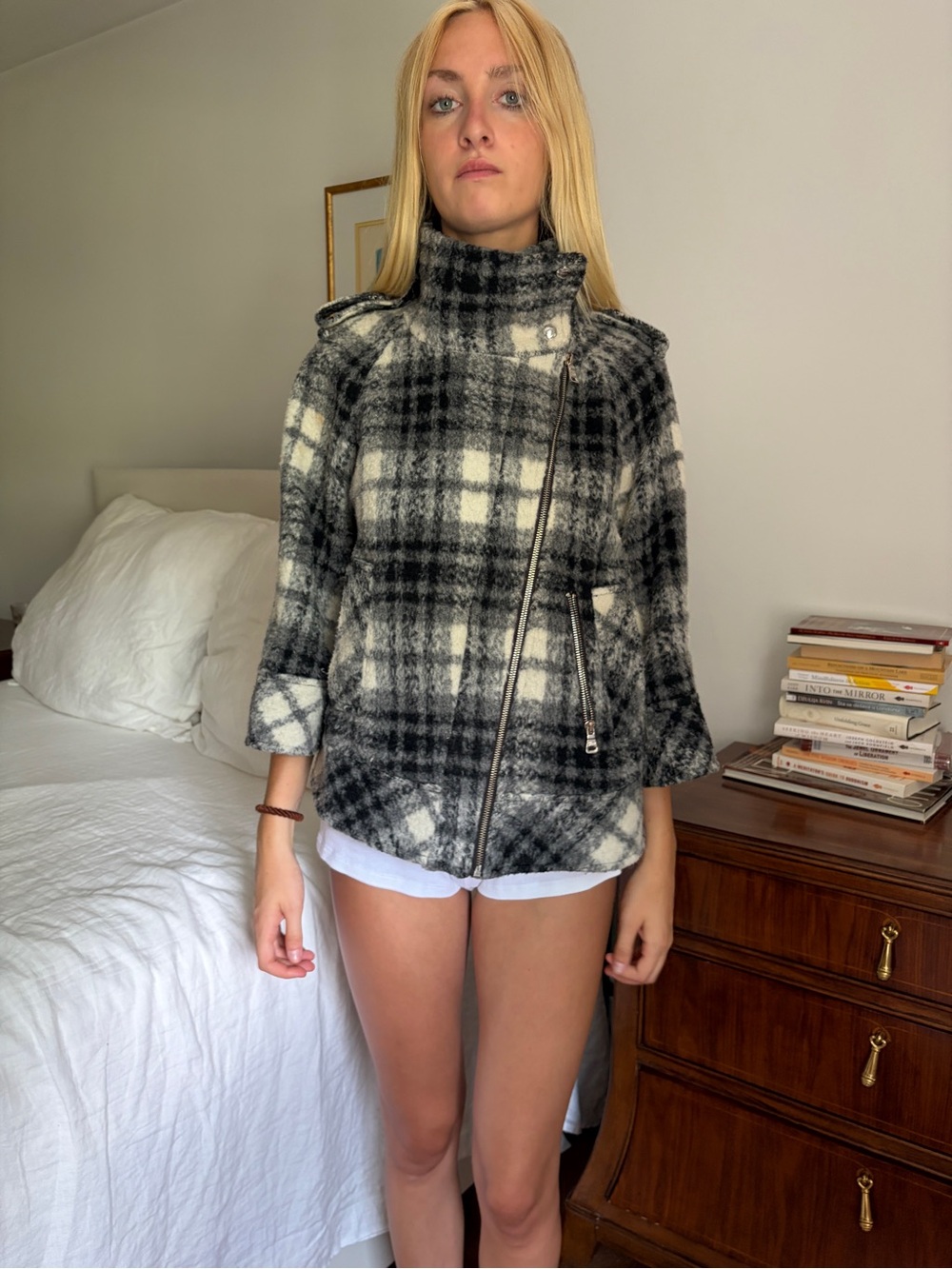 Plaid Funnel Neck Wool-Blend Jacket in Black & White